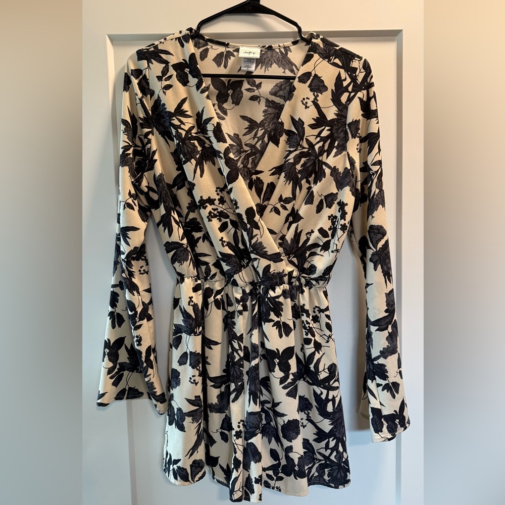 NWOT! DAY TRIP Cream and Black Floral Wrap Romper with Bell Sleeves. Size M